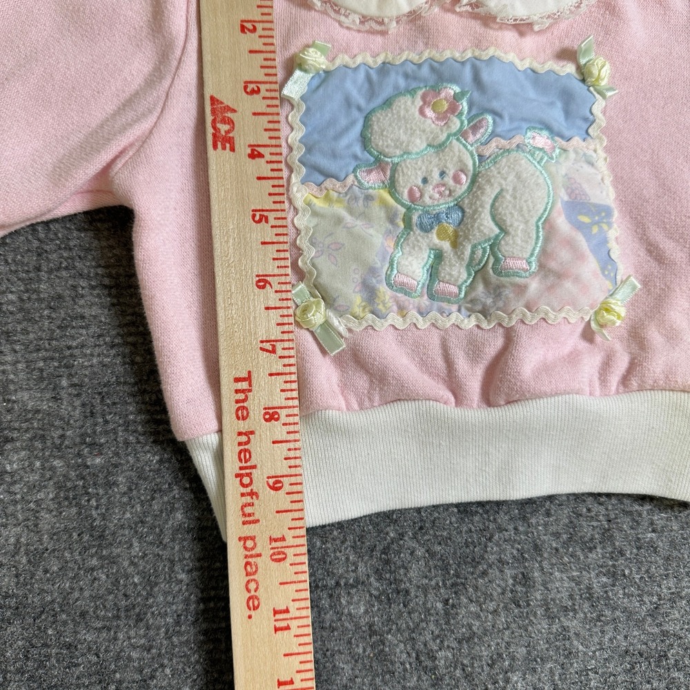 Doe-Spun Vintage Pink Lamb Patchwork Sweatshirt Lace Collar 12 Months - Picture 6 of 10